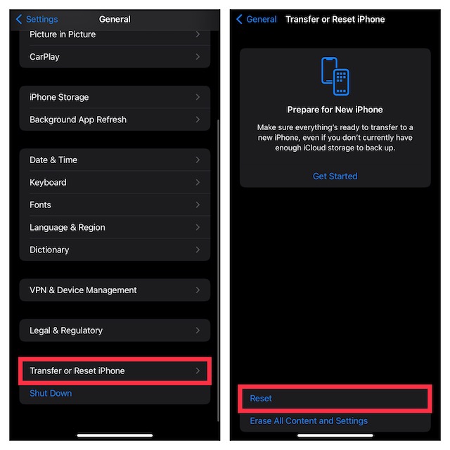 iPhone లేదా iPadని బదిలీ చేయండి లేదా రీసెట్ చేయండి